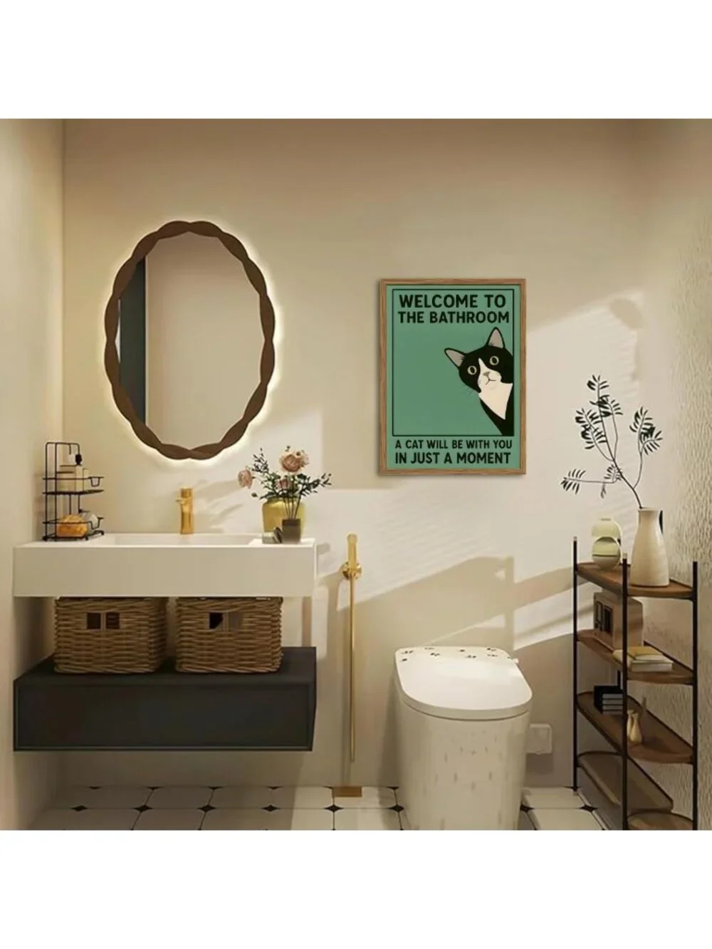Quirky Tuxedo Cat Bathroom Wall Art - Cute Black & White Toilet Decor, 12x16